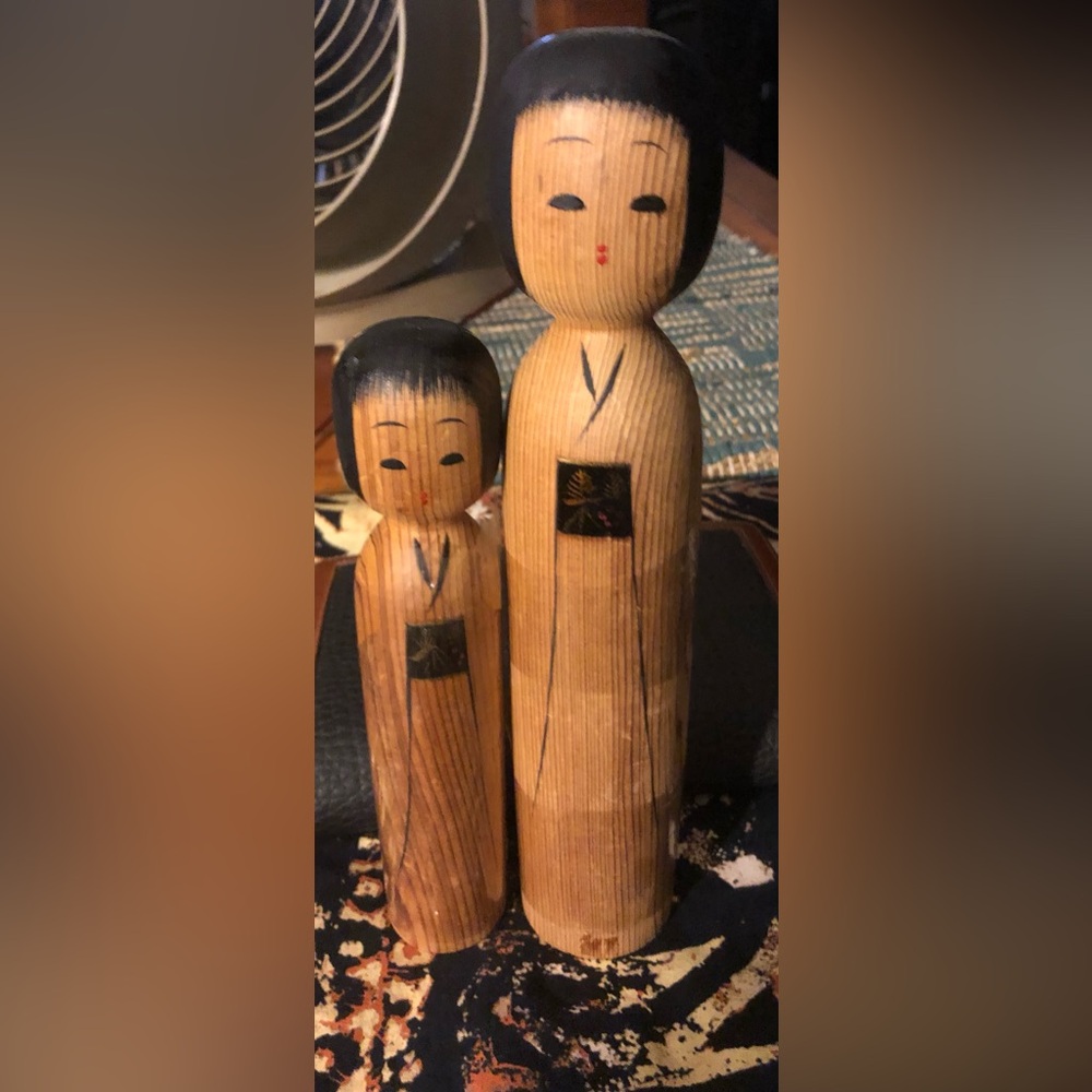 Traditional Kokeshi Doll Set 2 Pc Wooden Mother & Child Hand-Painted